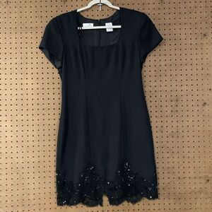 Liz Claiborne Lizwear Little Black Dress Formal‎ Lace Hem Midi 90s 80s Glam 10